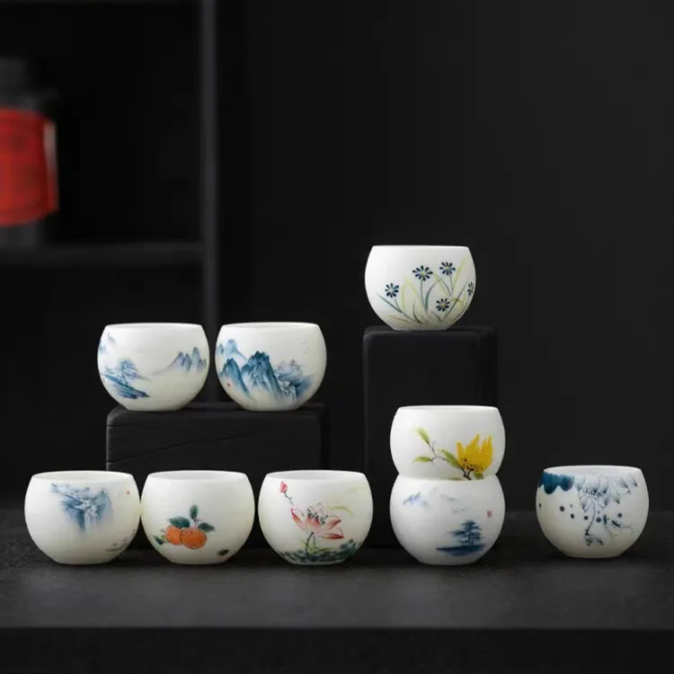 茶杯素烧羊脂玉瓷创意手绘茶杯中式陶瓷家用喝茶杯对杯礼盒装礼品