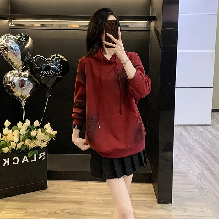 连帽卫衣长袖宽松中长款套头时尚休闲加厚韩版秋冬洋气显瘦系带女