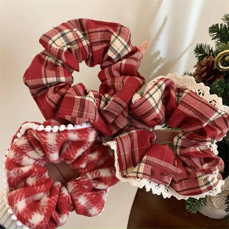 韩系红色蕾丝格子大肠发圈女高级感新年圣诞氛围感头绳发绳头饰品
