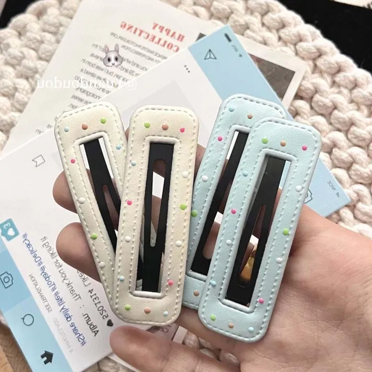 简约甜酷小妹彩色波点bb夹奶油皮质金属发夹侧边夹百搭几何边夹子