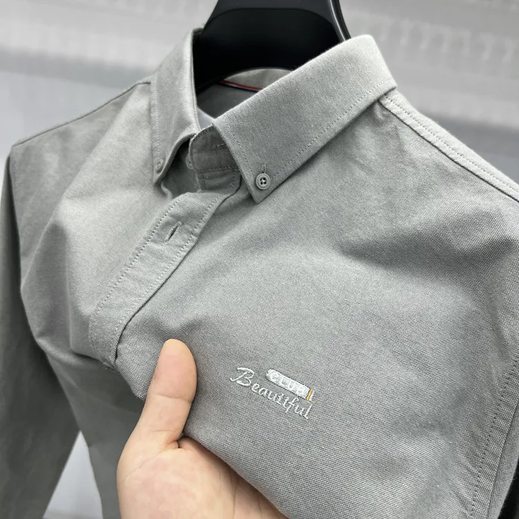 100%纯棉长袖男士衬衫时尚百搭休闲寸衫潮流春秋简约宽松刺绣衬衣