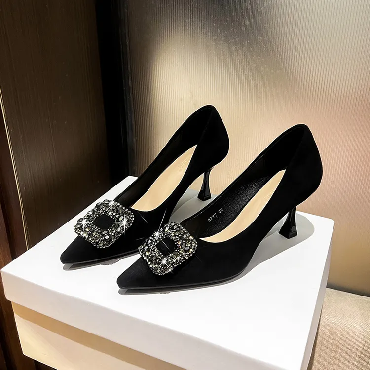 浅口高跟鞋女尖头细跟方扣气质舒适黑色职业百搭性感百搭单鞋