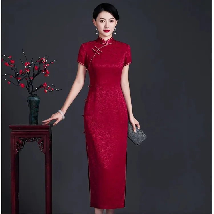 高档婚礼旗袍复古长款酒红色醋酸缎提花传统改良喜庆妈妈婚宴旗袍