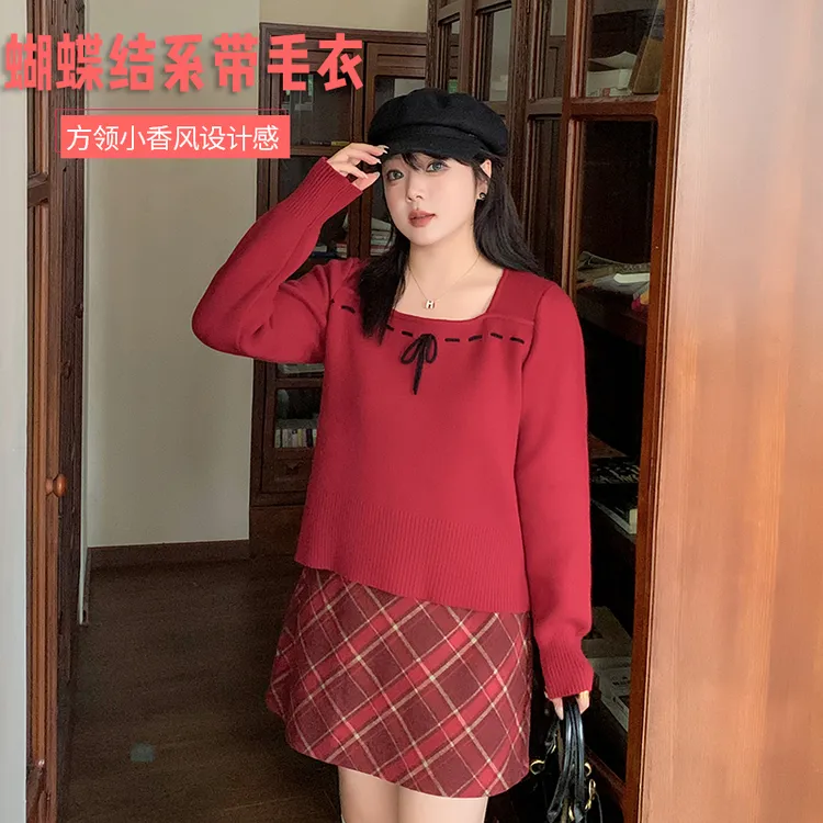 【灯火灿烂】打底长袖时尚秋冬方领设计感小香风蝴蝶结毛衣-F308