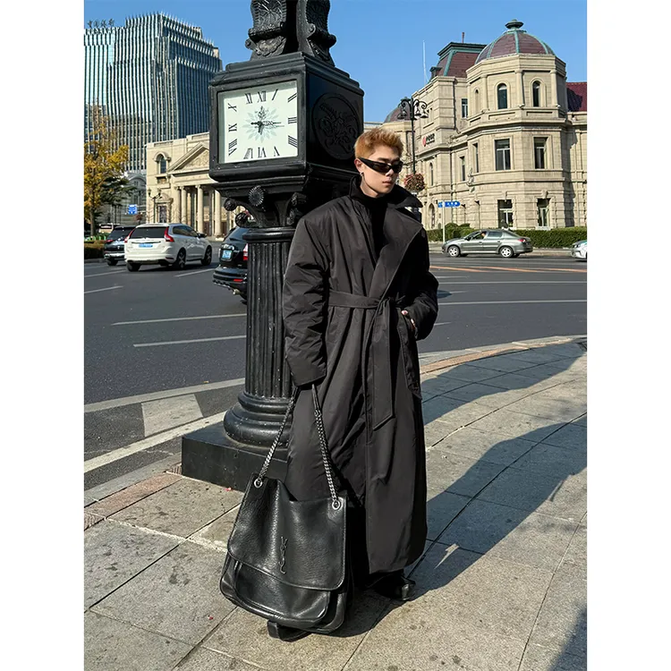 DBWDoublewin原创设计黑色长款棉风衣男挺阔防风棉服大衣男956