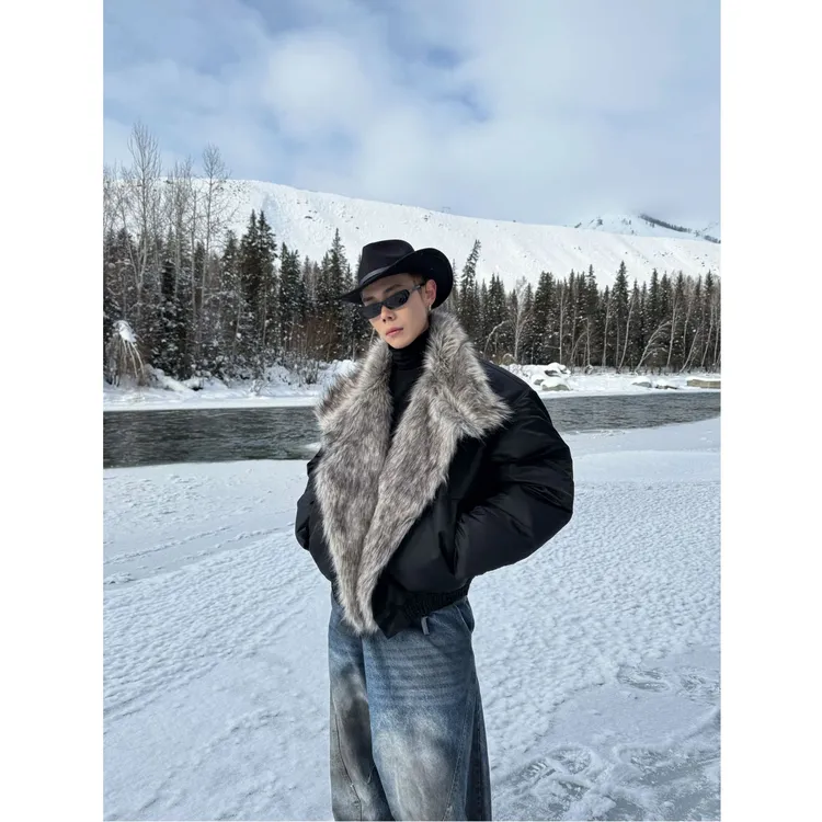 DBWDoublewin大毛领加厚夹棉外套黑缎拼接贵气感棉服棉服冬季539