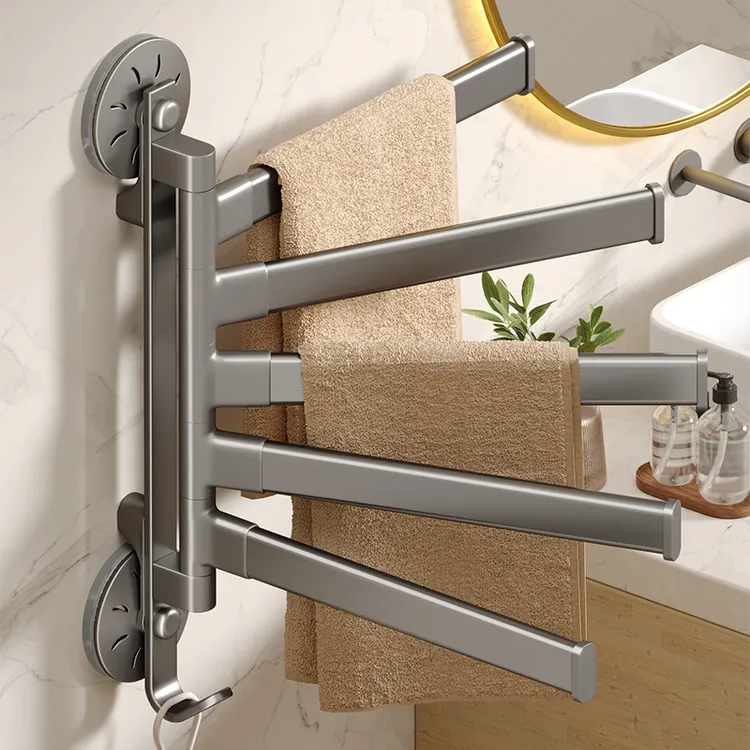 吸盘旋转毛巾架卫生间免打孔多杆毛巾挂架浴室太空铝毛巾杆置物架