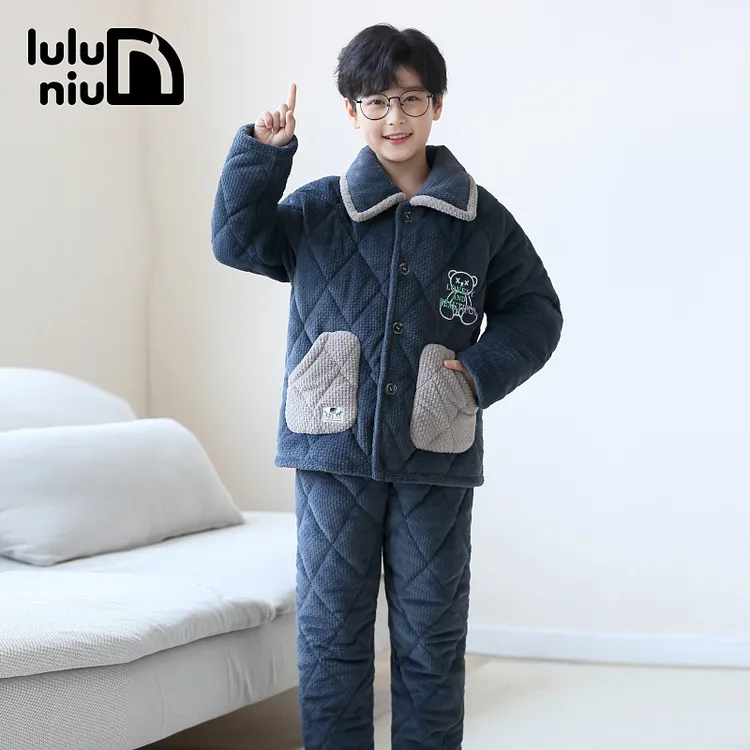 冬季儿童家居服男孩法兰绒夹棉三层加厚加绒中大童8-15岁男童睡衣