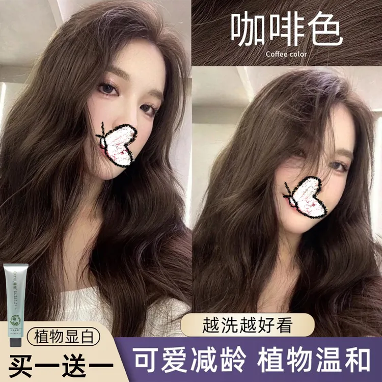 【买1送1】咖啡色植物纯染发膏剂显白2024流行色温和减龄不伤发棕色