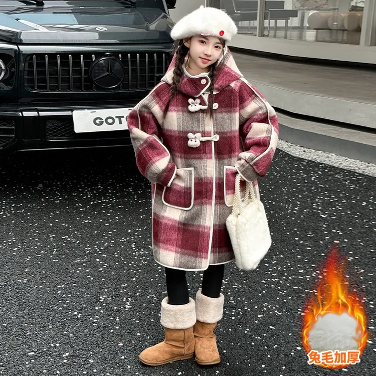 女童呢大衣加绒加厚2024冬季新款中大童休闲连帽格子中长款外套潮