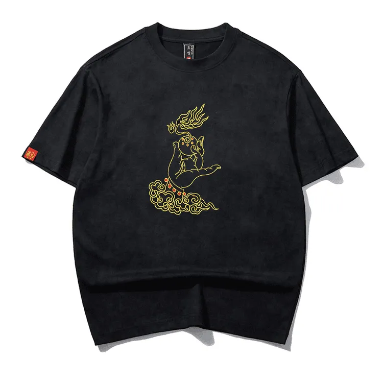 (宝珠佛手)2024新款时尚扎染棉料短袖男t恤宽松百搭刺绣半袖男装