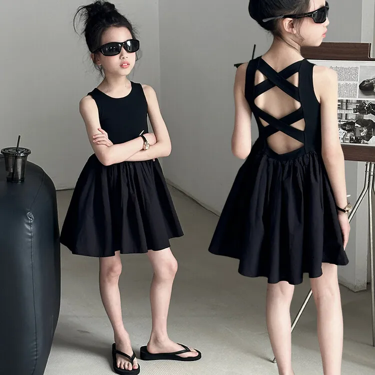 韩国童装女童露背小黑裙女童2025夏季连衣裙儿童蓬蓬裙背心裙洋气