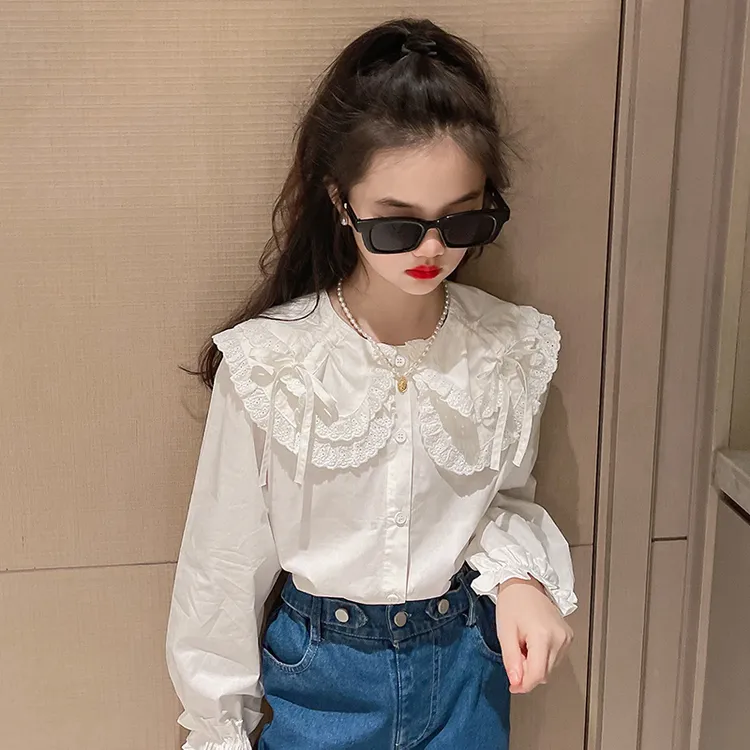 女童白色衬衫春秋装2024新款洋气网红中大儿童娃娃衫上衣长袖衬衣