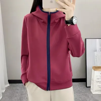 韩版休闲衣加绒外套女棉春秋连帽针织开衫跑步卫衣宽松户外运动服