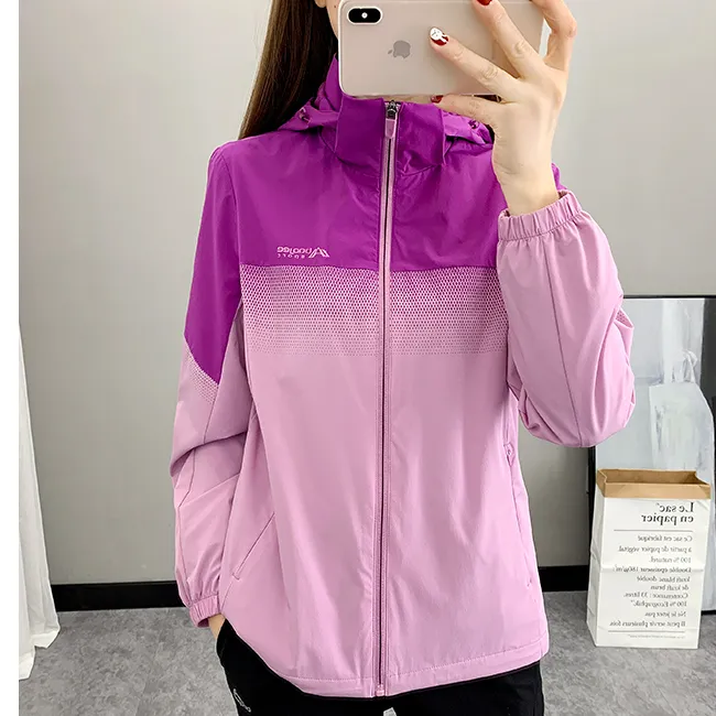 春秋薄款冲锋衣女外套双层网纱运动弹力风衣运动服登山上衣防水