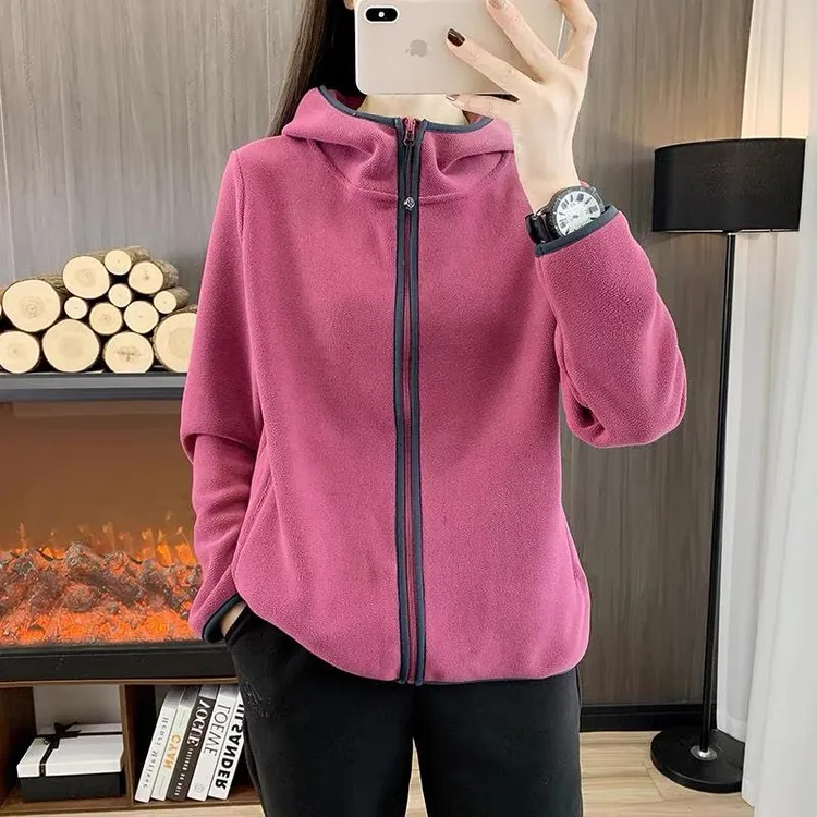 3810抓绒衣加厚保暖外套女时尚运动休闲连帽开衫弹力专业女士绒衣