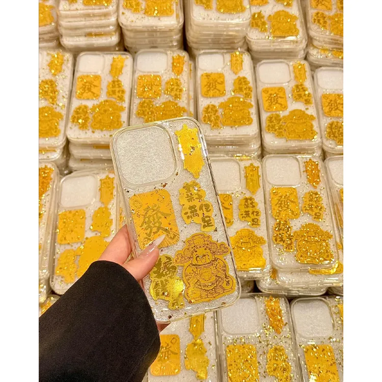 欧克里里金箔滴胶中国风财神爷适用苹果16/15/14手机壳13/12/11套