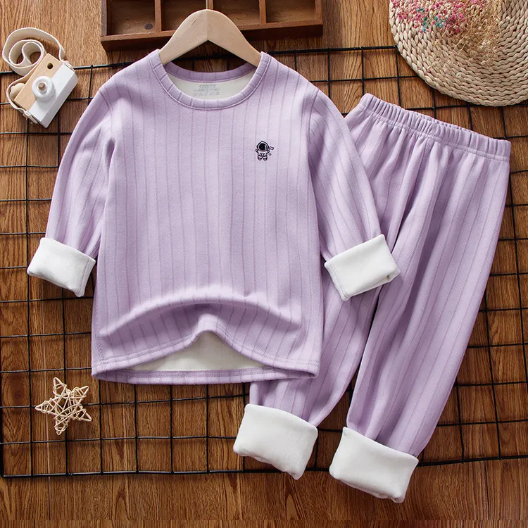 秋冬新款圆领长袖加绒加厚保暖青少年中大童儿童男童女童内衣套装