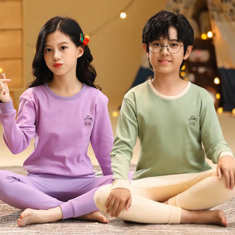 男童儿童秋衣秋裤纯棉男女童保暖内衣套装棉中小大童纯色 睡衣