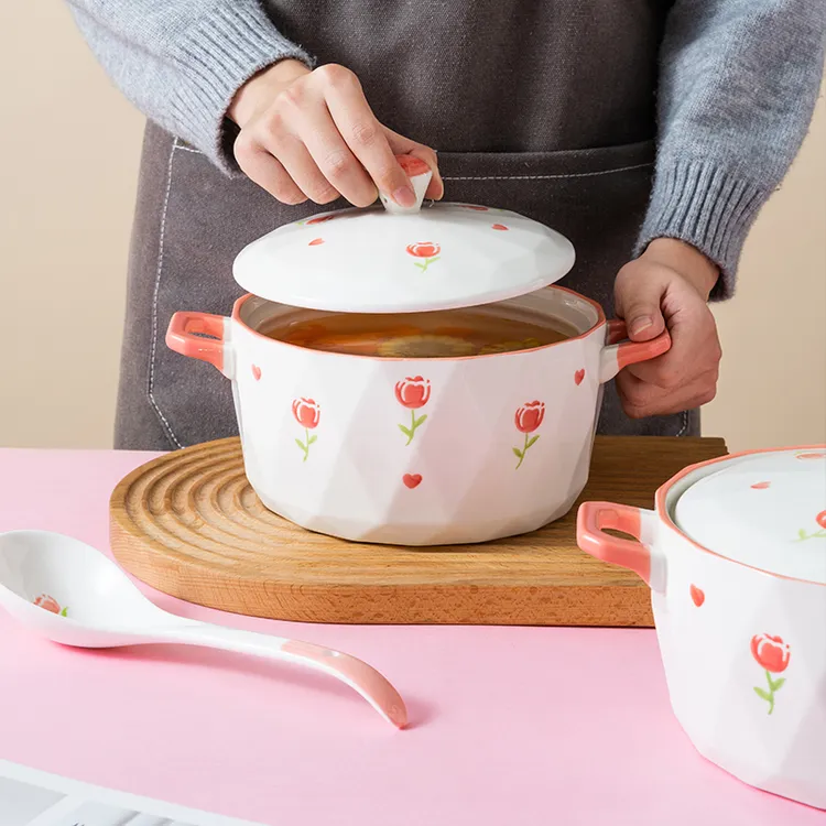 郁金香10英寸双耳大汤碗带盖带勺家用大号装汤碗面碗防烫高颜值