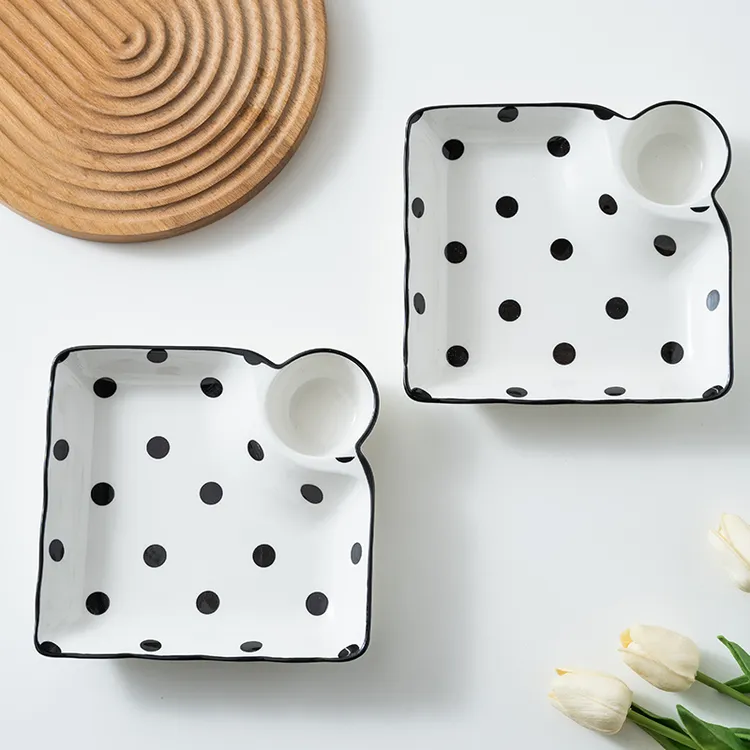 赫本风7.5英寸波点饺子盘2个装 家用陶瓷带酱料碟饺子盘正方形
