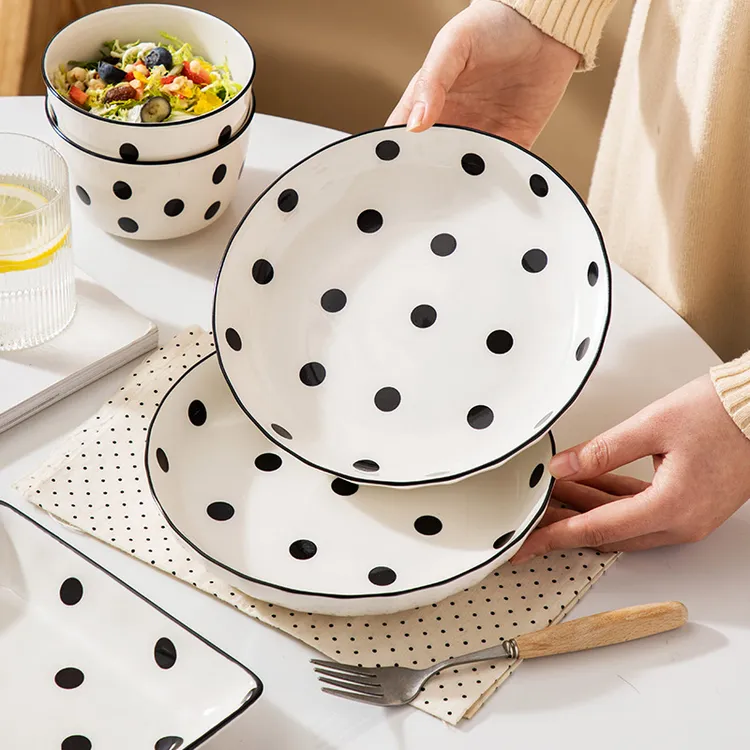 赫本波点深盘子家用装菜盘陶瓷碗碟网红餐具高级感餐盘好看菜碟子