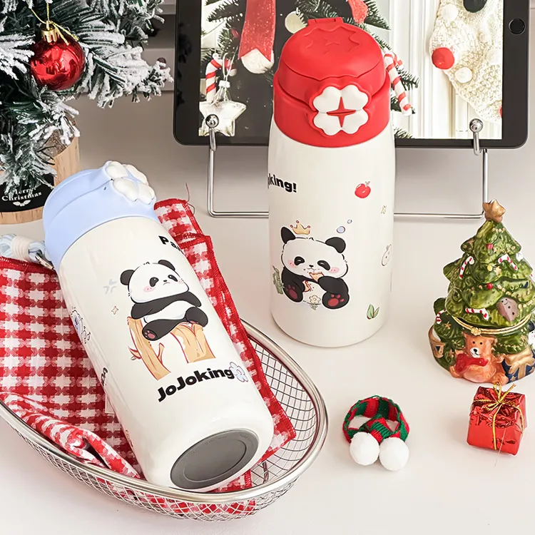 久久町熊猫系列圣诞风双饮杯630毫升316保温杯便携学生卡通杯