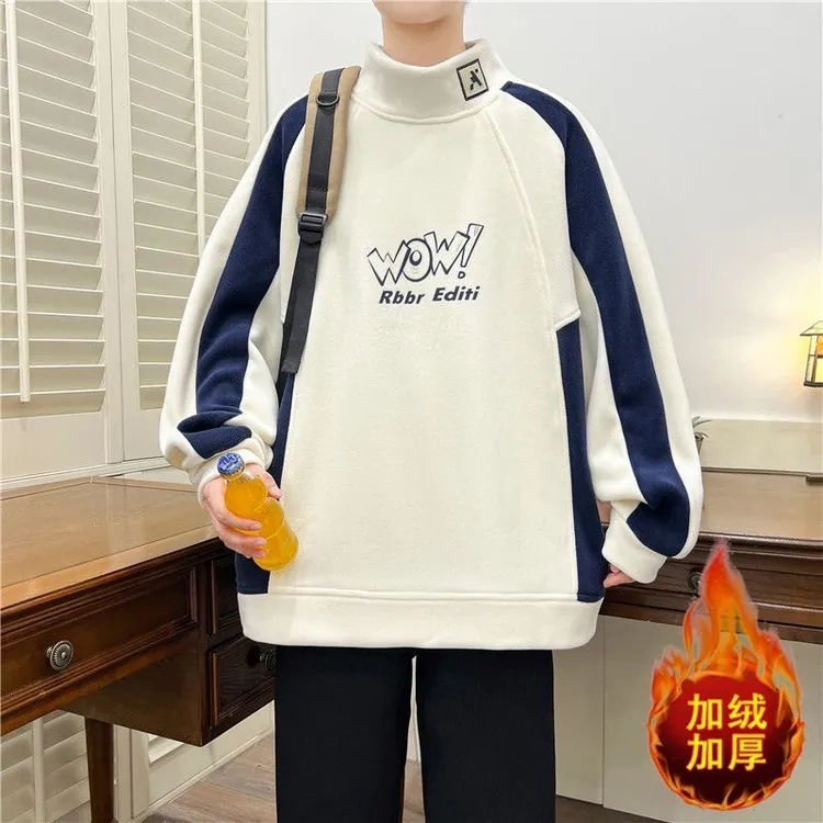 2024年秋冬新款奥粒绒卫衣男港风潮牌半高领加绒青少年打底衫上衣