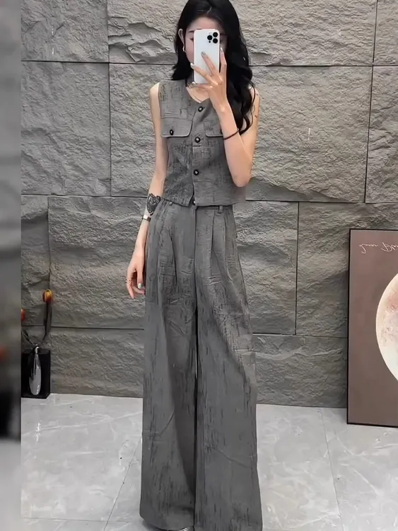 欧货洋气时尚套装夏季小众扎染无袖马甲上衣阔腿裤休闲减龄两件套