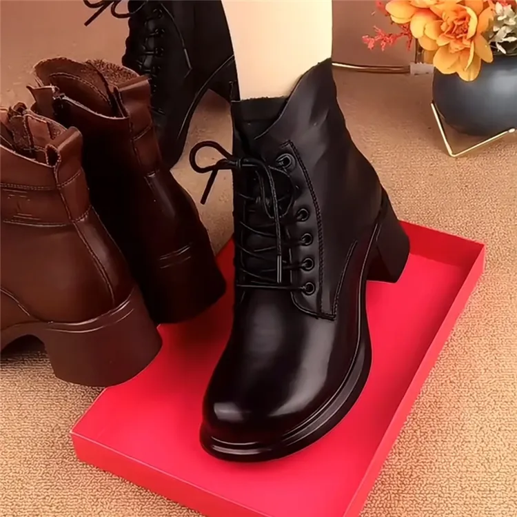秋冬新款英伦风粗跟马丁靴女真皮厚底短靴舒适圆头软底工作鞋靴子