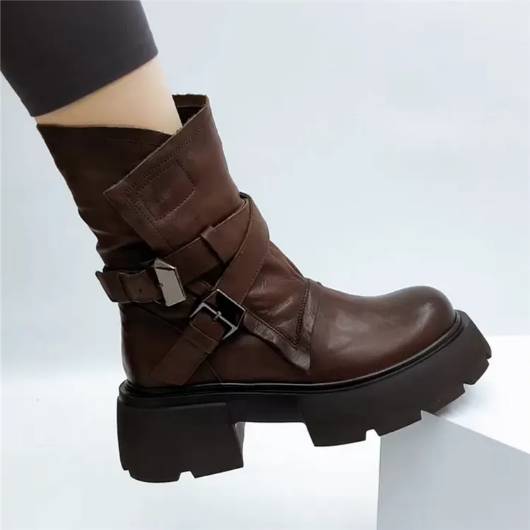 中筒靴真皮圆头松糕厚底靴子女复古棉鞋女冬加绒软底侧拉链马丁靴