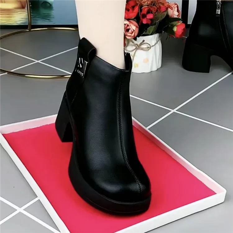 短靴女真皮圆头粗跟靴子女复古单靴棉鞋女冬加绒软底侧拉链马丁靴