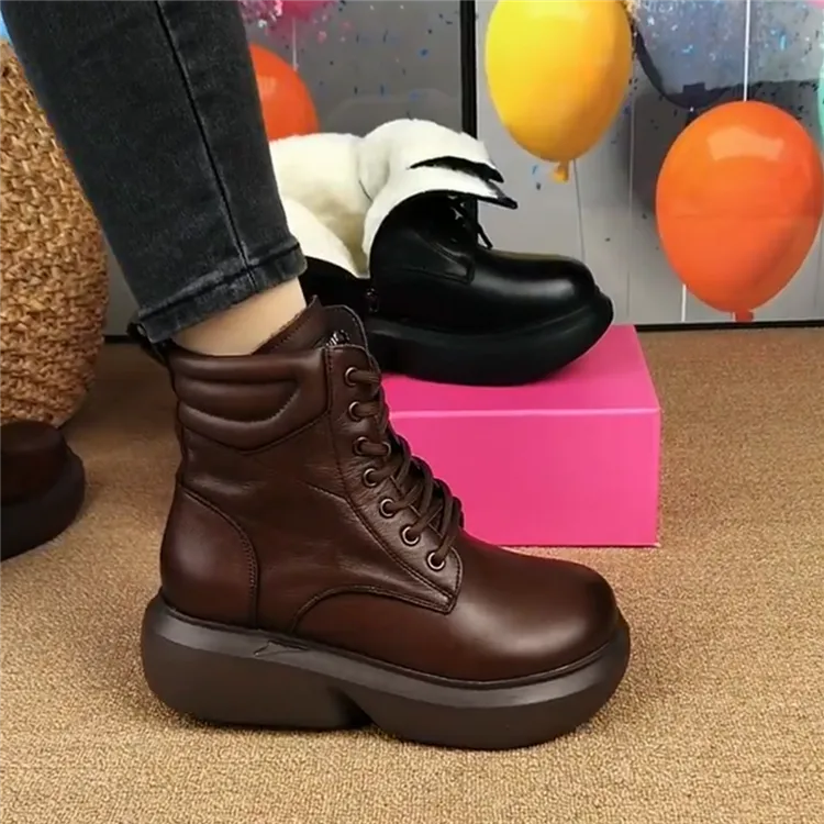 短靴女真皮圆头松糕厚底靴子女复古棉鞋女冬加绒软皮软底马丁靴女