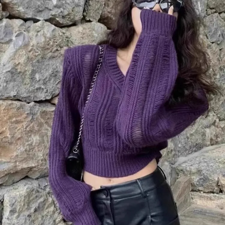 紫色镂空洋气v领套头针织衫女秋冬独特别致绝美毛衣收腰短款上衣