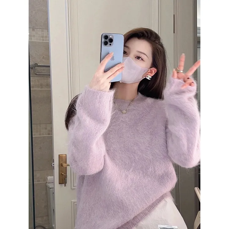 高级感超好看紫色水貂绒毛衣女冬季加厚奶fufu软糯内搭针织衫上衣