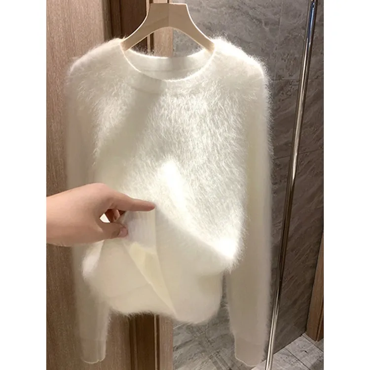 奶fufu软糯白色水貂绒圆领毛衣女春秋季加厚慵懒风内搭针织衫上衣