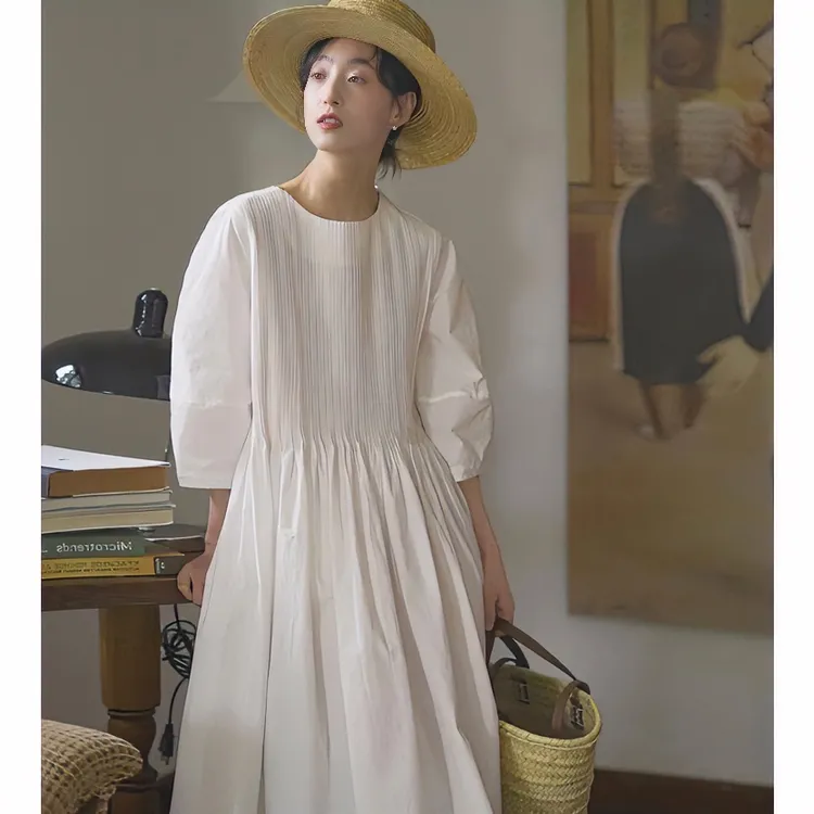 法式复古泡泡袖白色连衣裙女夏季薄款高级感温柔风宽松中长款裙子
