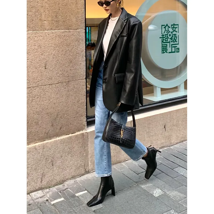 黑色pu皮衣外套女今年流行春秋新款2025复古休闲韩版oversize西装