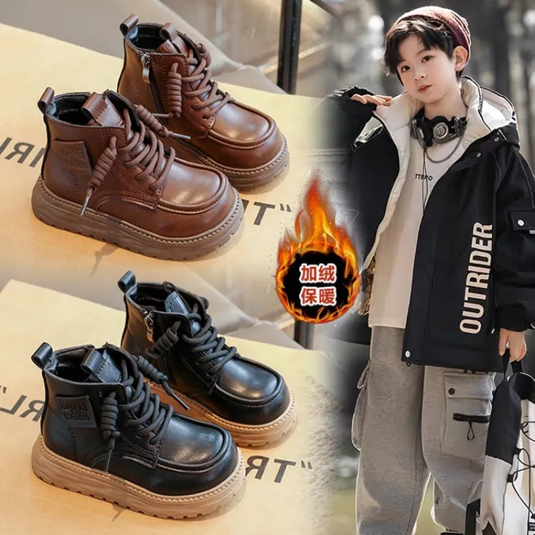 男女童靴子冬季儿童鞋英伦风女孩加绒马丁靴童靴秋冬保暖中大童