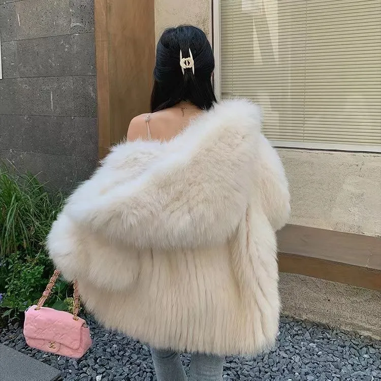 网红‘大白熊’加密加厚双面编织狐狸毛毛外套连帽宽松时尚百搭韩版