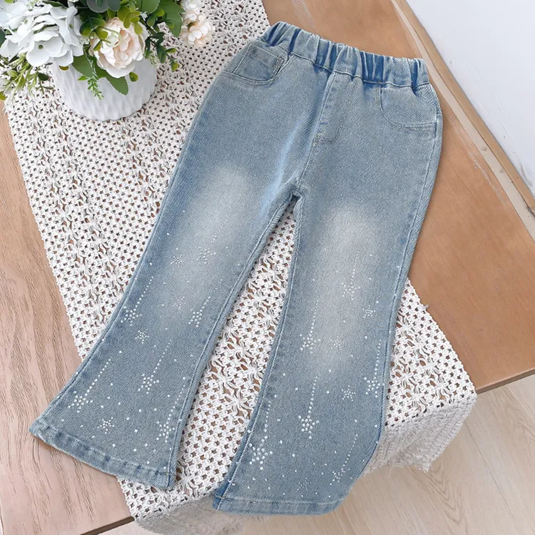 女童牛仔裤春秋款2025新款儿童韩版亮钻休闲裤子女宝宝春装喇叭裤