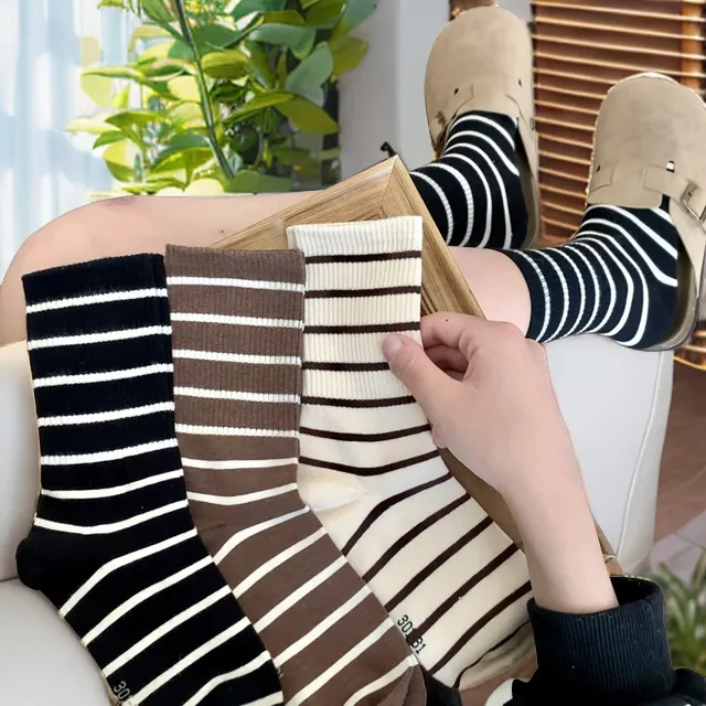 秋冬款女奶茶色系美拉德中筒条纹袜子百搭长筒堆堆袜
