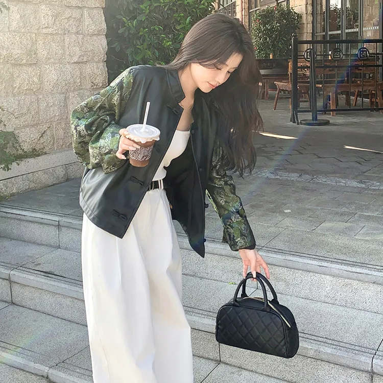 国风印花拼接小皮衣外套女短款2024春天新款国风设计感小个子夹克