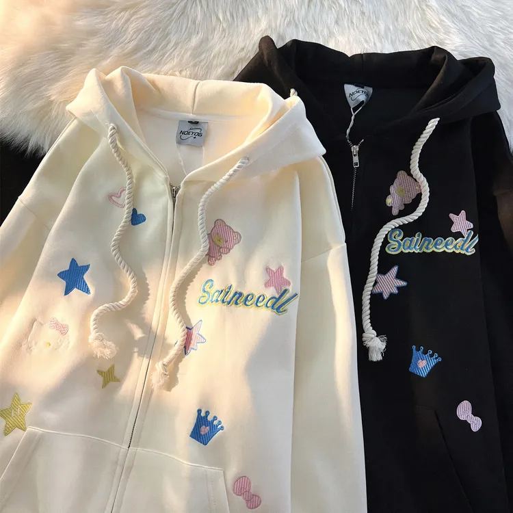 学生可爱星星卡通刺绣外套女童春秋冬款2024宽松中大童连帽卫衣