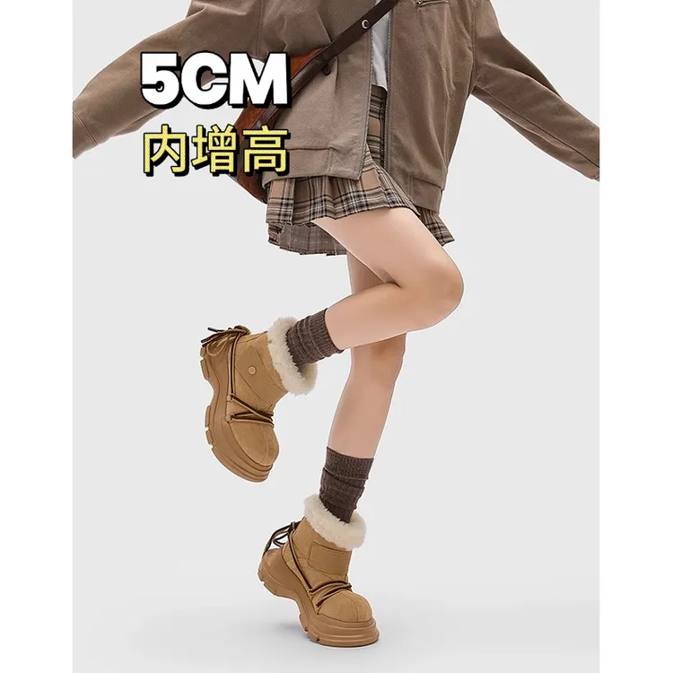 【鞠婧祎同款】增高5cm雪地靴女厚底加绒真皮皮毛一体绑带大头鞋靴