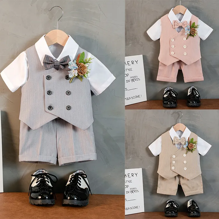 儿童西服套装短袖衬衫马甲短裤男童活动演出服生日周岁花童婚礼服