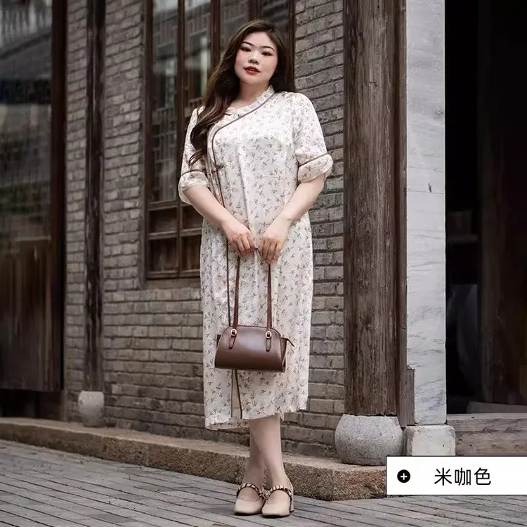 美丽客栈庄生晓梦大码夏季新中式女装宽松胖新中式宽松刺绣连衣裙