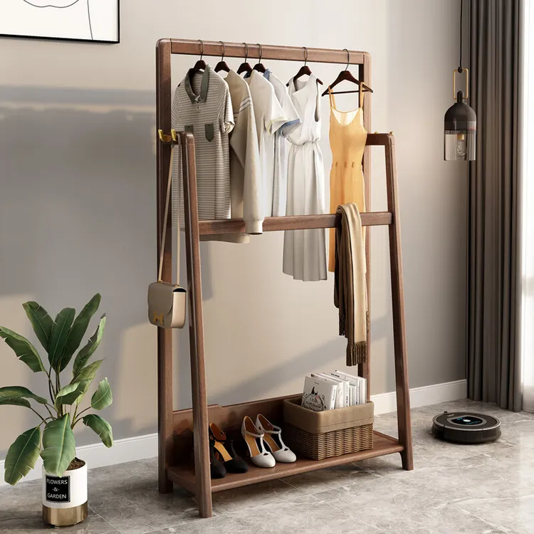 实木挂衣架衣帽架落地卧室新中式胡桃木色室内多功能收纳储物衣架