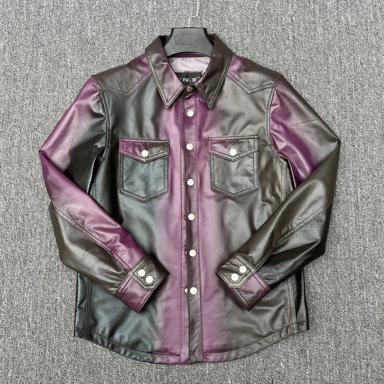 轻薄柔软头层绵羊皮真皮皮衣男士衬衣皮衬衫纯皮皮夹克翻领灰外套