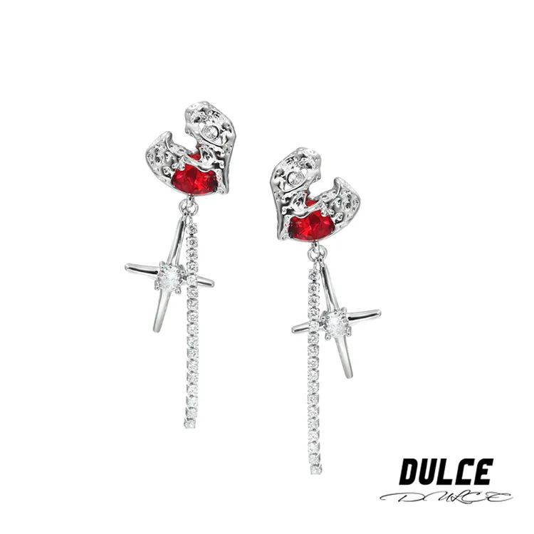 铜合金耳饰 秋冬款褶皱爱心锆石芒星耳环女ins风吊坠流苏耳钉耳饰